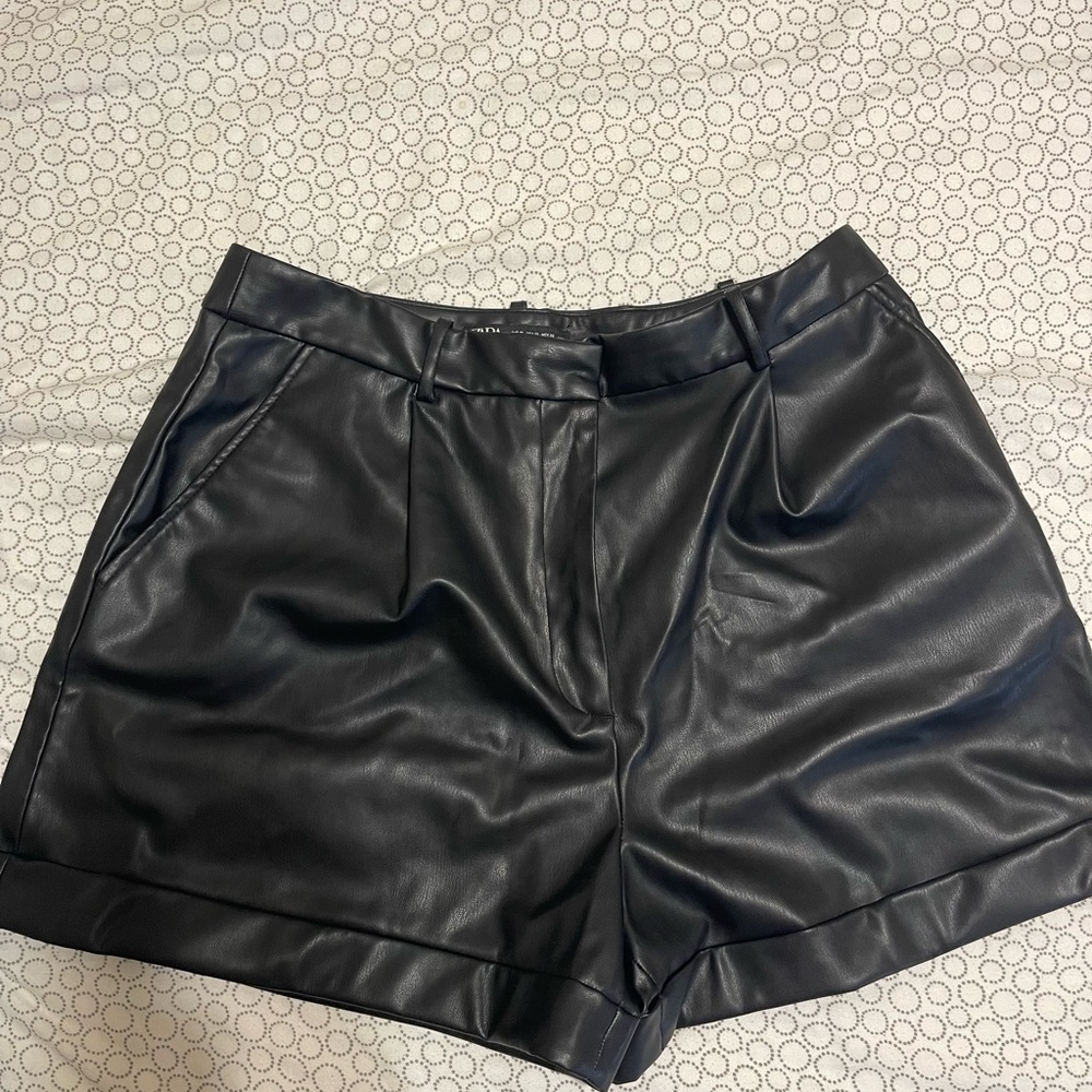 Zara Black High Waist Faux Leather Shorts